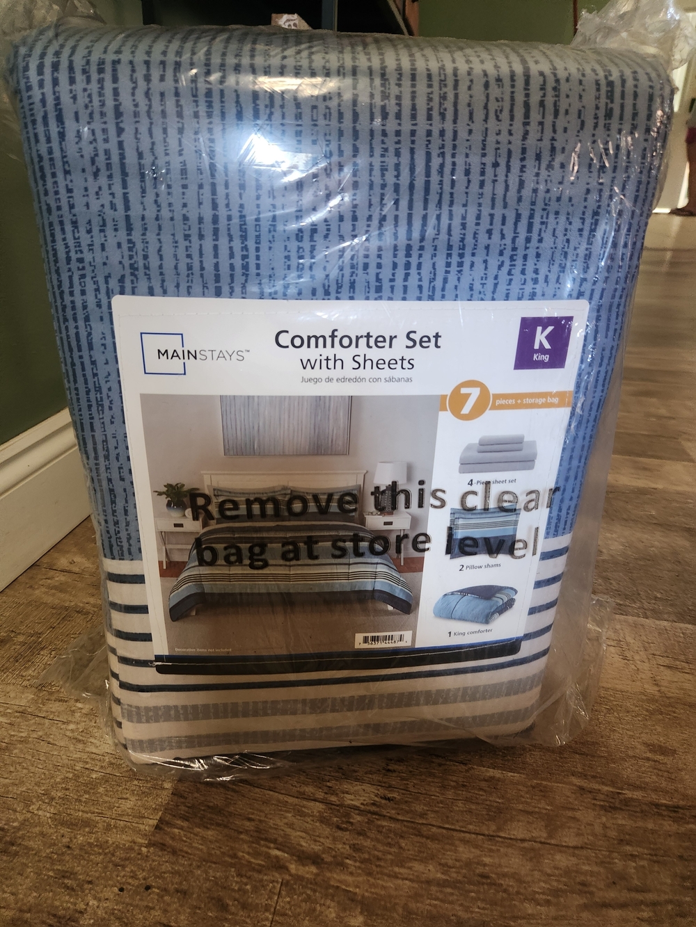 Mainstays Blue and White Striped King Comforter Set with Sheets